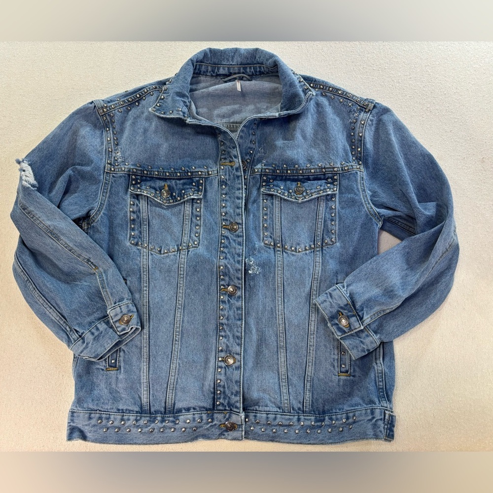 Free People Studded Distressed Denim Jacket Boho Western Festival Womens M - Picture 2 of 6